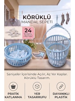 Ceylan Adam Plico Körüklü Mandal Sepeti Katlanabilir Çamaşır Mandalı Sepeti Askılı 24 Mandal Hediyeli