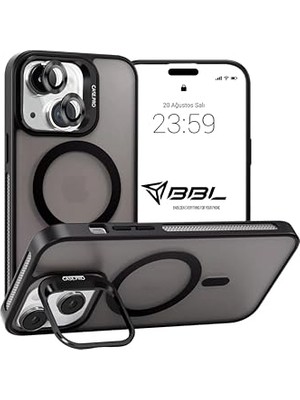 Ceylan Adam Kılıf, iPhone 15 Için Kamera Korumalı Magsafe ile Uyumlu Kablosuz Şarj Özellikli Mat Şeffaf Renkli Standlı Lens Hediyeli Telefon Kılıfı (Siyah)