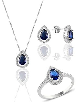 Ceylan Adam Gümüş Rodyumlu Safir Taşlı Damla Modeli Üçlü Set 11