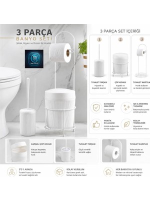 Ceylan Adam Mavi Concept 3'lü Banyo Aksesuar Seti, Siyah, Tuvalet Fırçası, Çöp Kovası ve Kağıtlık, Modern Tasarım (Beyaz)