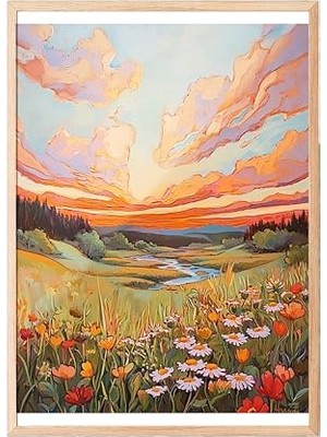 Ceylan Adam Ahşap Çerçeveli Tablo, Çiçekli Vadi Manzarası, Gün Batımı Gökyüzü, Pastel Tonlar Poster No: 107267 30 x 40