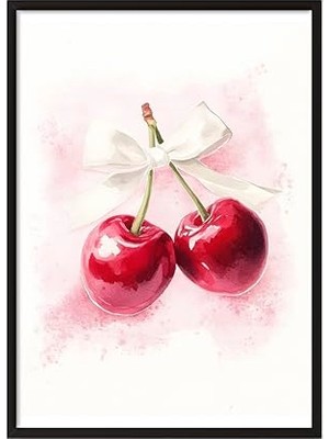 Ceylan Adam Zestia Siyah Çerçeveli Tablo; Kirazlar, Beyaz Kurdele Detayı, Aquarelle Stil Poster No: 107392 15 x 21