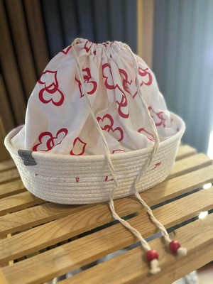 Ahs Tasarım Kapanabilir Kumaş Torbalı El Yapımı Ekmek Sepeti (Kırmızı Kalpli)