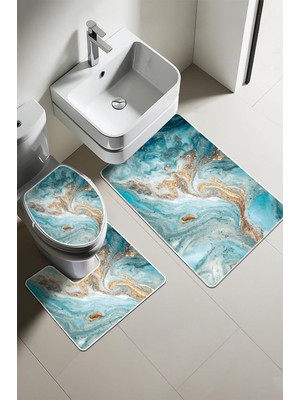 Dolce Mariee Modern Desenli Dijital Baskı 3’lü Banyo Paspas Takımı Yıkanabilir Kaymaz Tabanlı Klozet Takımı KLZ0052