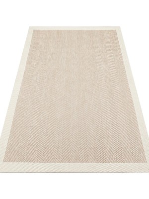Hali.Net Kilim Modern Geometrik Desenli Yün Salon Kilimi Bordür Detaylı Ekru Dış Mekan