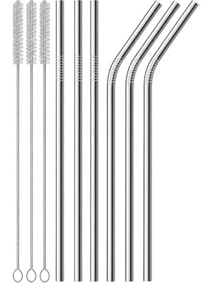 Ceylan Adam 6'lı Tekrar Kullanılabilir Metal Pipet Seti, Düz ve Kavisli, Temizleme Fırçalı