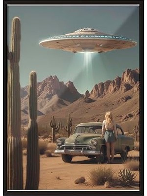 Ceylan Adam Siyah Çerçeveli Tablo, Onlar Geliyor – Kollarını Açmış Kadın ve Ufo Filosuyla Teması Poster No: 107492 30 x 40