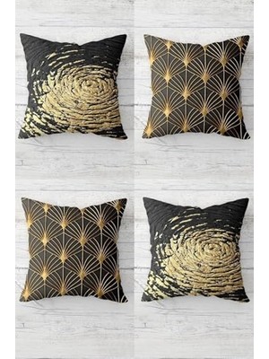 Ceylan Adam Saksıda Kaktüs ve Üçgen Desenli Gizli Fermuarlı Kırlent Kılıfı Takımı (4ADET), Koyu Gri-Gold 45 x 45