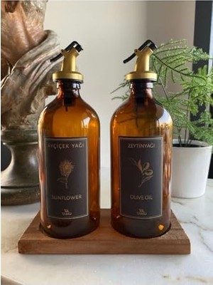 Ceylan Adam Albergio 2'li Ahşap Standlı Amber Zeytinyağı Sıvıyağ Şişesi Yağdanlık Yağlık Gold Damlatmaz Kapaklı 500 ml Kırmızı