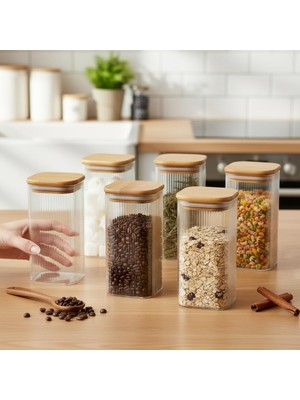 OEM 6'lı Set 425 ml Bambu Kapaklı Kare Cam Kavanoz - 6X12 cm Vakumlu Uzun Boy Şeffaf Erzak Kabı Kahve Çay Baharatlık ve Mutfak Düzenleyici Organizer Saklama Kutusu