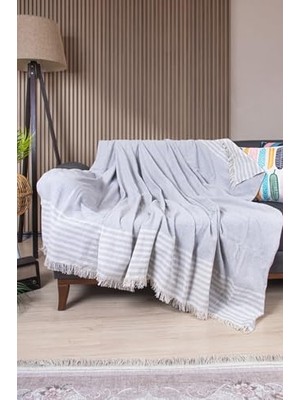 Ceylan Adam Pamuklu Püsküllü Elmas Desenli Koltuk Örtüsü 170X210 cm | Dekoratif Kanepe, Yatak ve Tv Örtüsü (Grı)