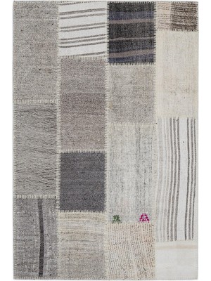 Bespoky Gri El Dokuma Salon Kilimi Modern Açık Gri Geometrik Patchwork Desenli Yün Bohem