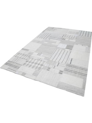 Bespoky Krem Halı Salon Halısı Geometrik Desenli El Dokuma Yün Pamuk Dokuma Kilim