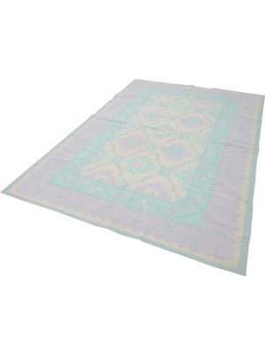 Bespoky Mavi Kilim Modern Geometrik Desenli Yün Pamuk El Dokuma Salon Kilimi Çocuk Odası