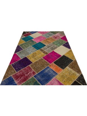 Bespoky Çok Renkli Salon Halısı Eskitme Stil El Dokuma Yün Patchwork Modern Geometrik Desenli