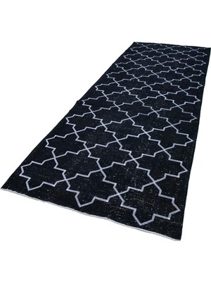 Bespoky Siyah Halı Modern Geometrik Desenli El Dokuma Yün Pamuk Karışımlı Koridor Modeli