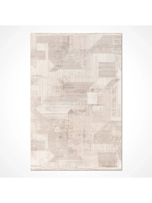 Bespoky Bej Modern Geometrik Desenli Toz Vermez Salon Halısı Akrilik Doku Koridor