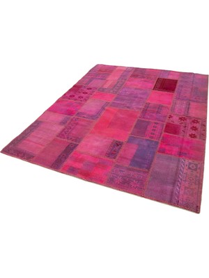 Bespoky Pembe Halı Geometrik Desenli El Dokuma Yün Pamuk Bohem Salon Halısı Eskitme Vintage