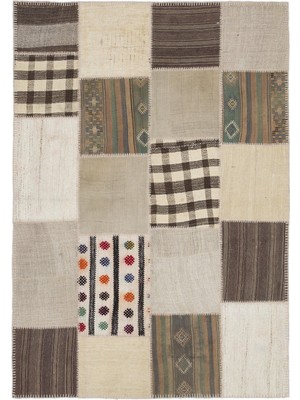 Bespoky Krem El Dokuma Salon Kilimi Yün Patchwork Desenli Bohem Stil Koridor Yatak Odası