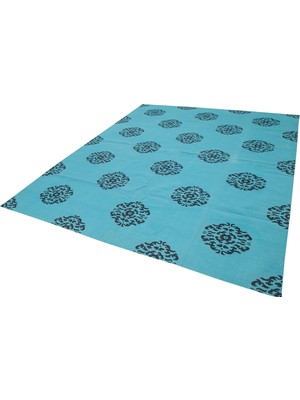 Bespoky Turkuaz Kilim Modern Geometrik Desenli El Dokuma Pamuk Yün Salon Kilimi