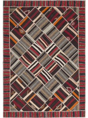 Bespoky Çok Renkli Geometrik Desenli Yün Pamuk El Dokuma Kilim Salon Kilimi Bohem Eskitme Vintage