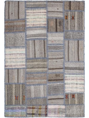 Bespoky Gri Salon Kilimi Bohem Patchwork Desenli Yün El Dokuma Koridor Yatak Odası