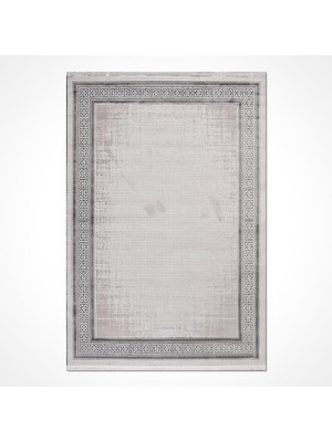 Bespoky Gri Halı Modern Bordürlü Geometrik Desenli Salon Halısı Akrilik Koridor