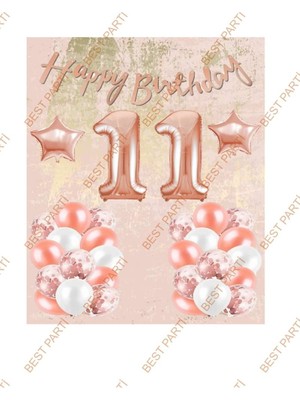 Vuralsin38 Happy Bırthday Kaligrafi Banner Yıldızlı Balon Seti 11 Yaş