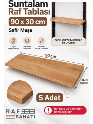 Tr 5'li Set - 90X30 cm Suntalam Mağaza Rafı Safir Meşe Geniş Ahşap Raf Tablası Konik Dikme Uyu
