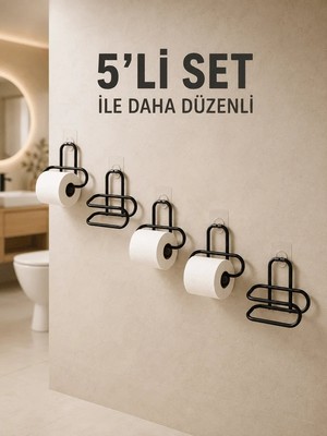 Lsk Yapışkanlı Tuvalet Kağıdı Askısı Siyah Metal Delmeden Montaj Wc Kağıtlık 5 Adet