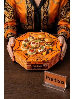 Partixa Cadılar Bayramı Örümcek Ağı Turuncu Sekizgen Kağıt Tabak 23 cm 8'li Paket - Halloween Parti Tabağı