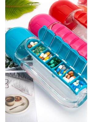 Lexroo Pillbox 7 Bölmeli Hap Kutulu Matara 600ML Hap Saklama Kutusu ve Suluk 1450