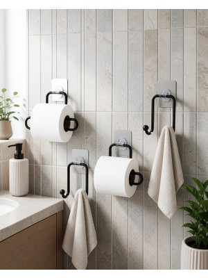 Elivora Yapışkanlı Banyo Seti 2 Rulo Tutucu 2 Havlu Askılığı