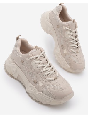 Marjin Kadın Sneaker Bağcıklı Spor Ayakkabı Pizen Bej Termo Taban ile Konforlu Kullanım