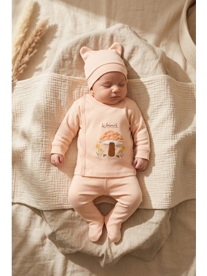 Babycan Mila Forest %100 Pamuklu 3'lü Bebek Takımı - Somon Mantar Nakışlı Kruvaze Üst, Patikli Pantolon ve Düğümlü Bere Seti