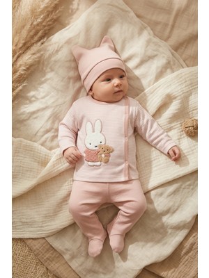 Babycan Premium Waffle Örgü 3'lü Bebek Seti - Tavşan Nakışlı Kruvaze Üst, Patikli Alt ve Kulaklı Bere - Gül Kurusu