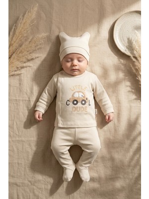 Babycan Sage Krem Pamuklu 3’lü Bebek Takımı - Little Cool Dude Nakışlı Kimono Üst, Patikli Alt ve Bere Seti