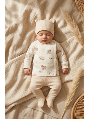 Babycan Pamuklu Koala Desenli Bebek Kimono Takım - Ribanalı Patikli Pantolon ve Kulaklı Bere 3'lü Set - Bej ve Ekru