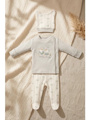 Babycan Minka Pastel Mint Yeşil Tavşan Nakışlı 3'lü Bebek Takımı - Pamuklu Body, Patikli Alt ve Bere