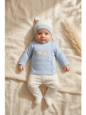 Babycan Minka Pastel Mavi Tavşan Nakışlı 3'lü Bebek Takımı - Pamuklu Body, Patikli Alt ve Bere
