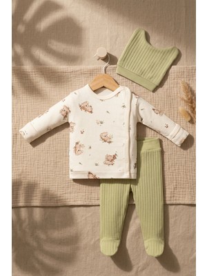 Babycan Pamuklu Koala Desenli Bebek Kimono Takım - Ribanalı Patikli Pantolon ve Kulaklı Bere 3'lü Set - Yeşil ve Ekru