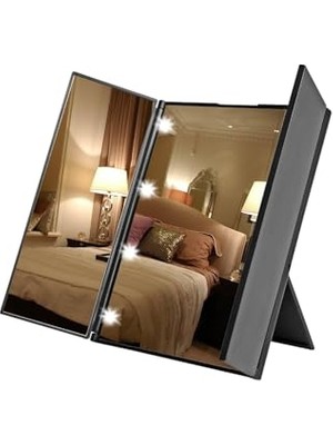 Şanal LED Işıklı Katlanabilir Makyaj Aynası Masaüstü Taşınabilir Seyahat Mike Up Üç Taraflı Ayna Siyah 12 x 14
