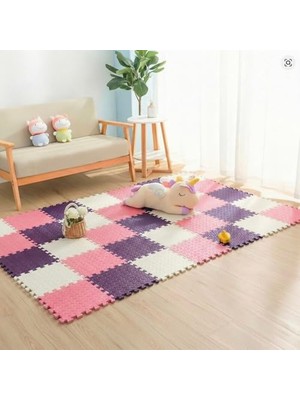 Şanal 9 Parça Set 33X33 13MM Tatami 100X100 Kurulumlu Oyun Spor Halısı Minderi Puzzle Minder Zemin Kaplama (Pembe-Mor-Beyaz)