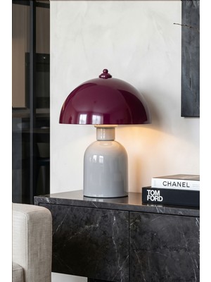 Marrien Luna Duo Mantar Abajur  Bordo Başlıklı Gri Gövdeli - 25 cm - Yatak Odası & Salon Aydınlatma