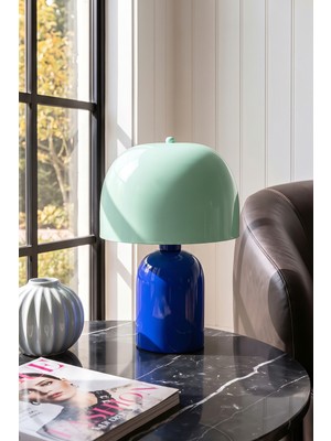 Marrien Milan Duo Abajur Mint Başlıklı Lacivert Metal Gövdeli - 25 cm - Yatak Odası & Salon Aydınlatma