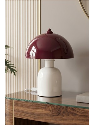 Marrien Luna Duo Mantar Abajur  Bordo Başlıklı Krem Gövdeli - 25 cm - Yatak Odası & Salon Aydınlatma