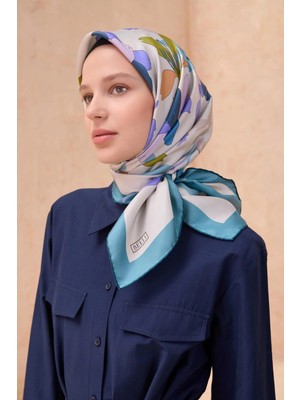 Belli Ipek Eşarp - 4100-52 Krem Mavi Twill