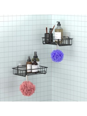 Tekno-tel Yapışkanlı Kancalı Banyo Rafı Mat Siyah 2 Adet Modern Tasarımlı Kullanışlı Depolama ST242H