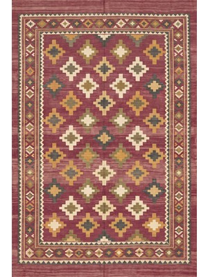 Rugzella Soluk Bordo Hardal Bohem Basamaklı Geometrik Kilim Deseni Salon Yıkanabilir Halı