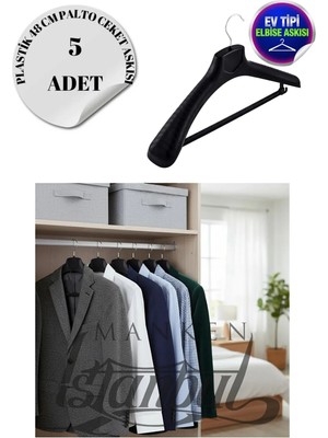 5 Adet Ev Tipi 48 cm Siyah Plastik Ceket Askısı Takım Elbise Askısı Kıyafet Askısı